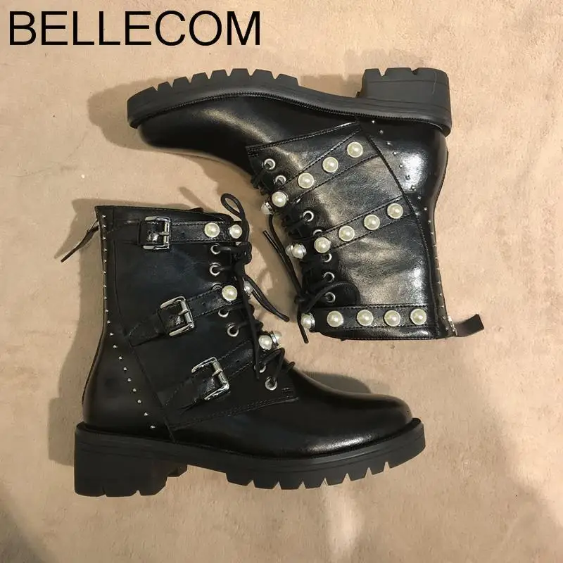 

BELLECOM Pearl Boots Woman Excellent Genuine Leather Short Canister Locomotive Boots Buckle Bring Willow Rivet Small Martin
