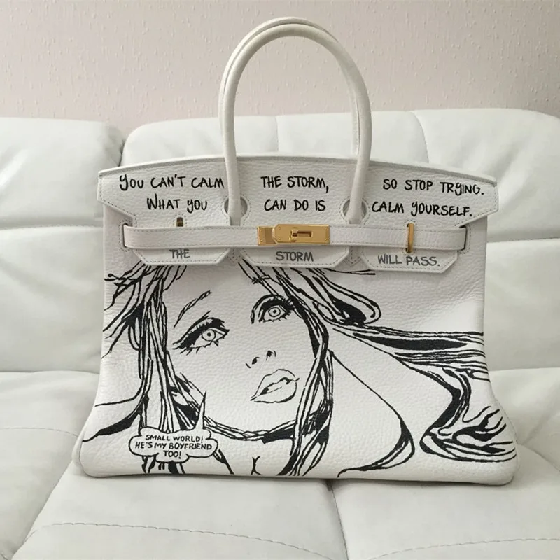 

2020 New Design sketch Painting Women Handbag Gold Hardware luxury Designer High quality Real Leather Hand White tote bag