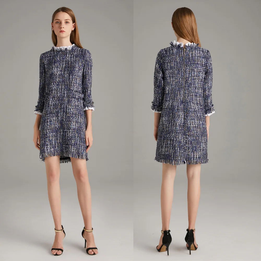 

2019 Commuting WOMEN'S Dress Tweed Mock Two-Piece Dress Small Fold-down Collar Daily Life Date Party Dresses