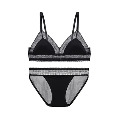 Black With Panties Тонкий кружевной бюстгальтер, комплект нижнего белья, сексуальный бюстгальтер без косточек для женщин, комплект из беспроводного бюстгальтера и трусиков, сетчатый дышащий Женский бюстгальтер, нижнее белье, треугольный красный цвет - Цвет: Black With Panties