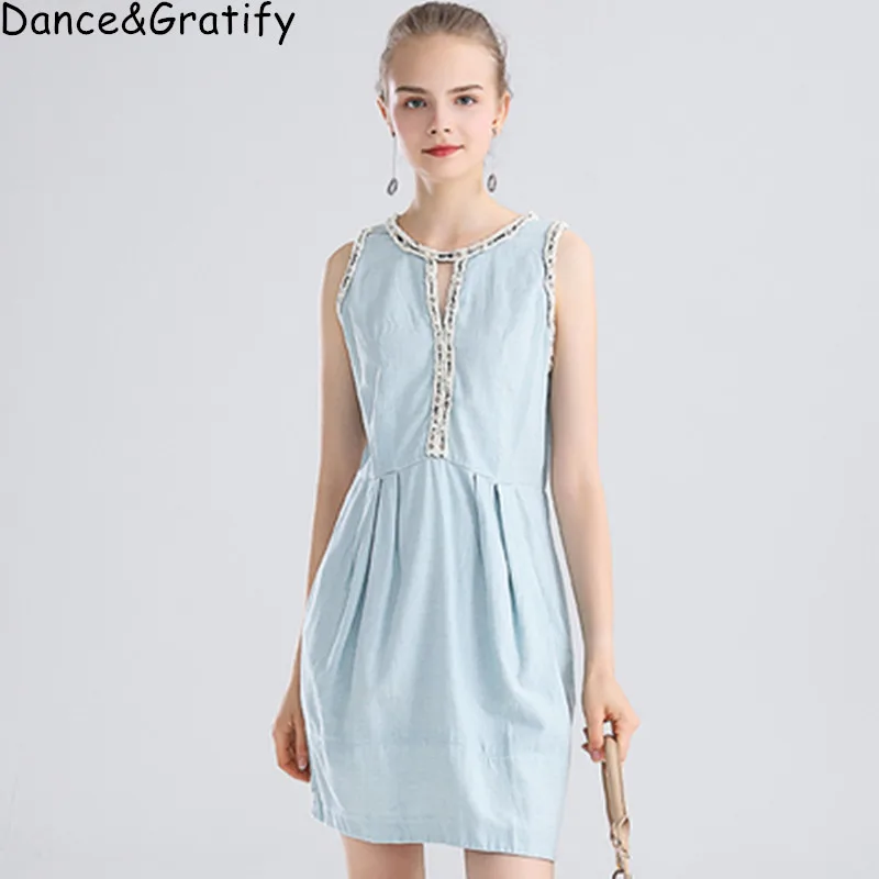 

Women Soft Denim Mini Short Princess Dresses O-Neck Sleeveless Beading Lolita Chic Jeans Dress NS422