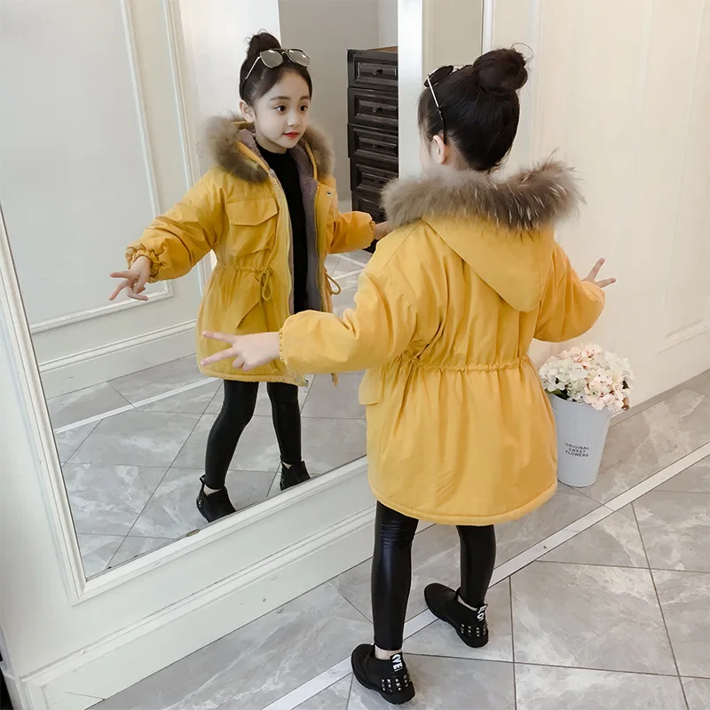 

2020 Winter New Style Girls plus Velvet Cotton Coat Korean-style Western Style Big Boy Thick Hooded Fur Collar Waist Hugging Cot