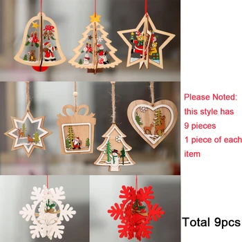 

9 Pcs Christmas Tree Decoration Pendant Christmas Gift Santa Claus Decor Pentagram Bell Snowflake Pendant Home Decoration