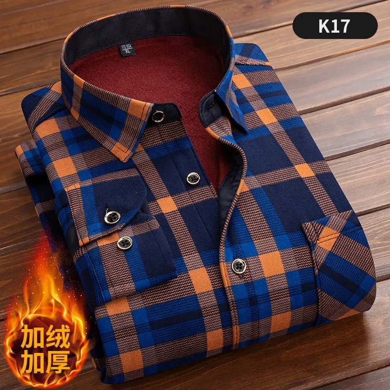 2022 Winter Mens Fashion Thicking Warm Long Sleeve Print Plaid Shirt Male Business Casual Fleece Lined Soft Flannel Dress Shirts mens short sleeve button down