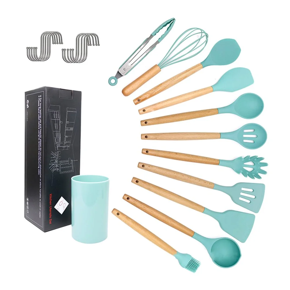 green 11-piece Set Of Silicone Kitchenware With Wooden Handle Spoon Shovel Dark Gray Plastic Bucket High Temperature Resistance - Цвет: green