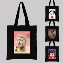 Woman Shopping Bag Commuter Reusable Casual Black Shoulder Bag Funny Pattern Printed Canvas Portable Large-capacity Handbag