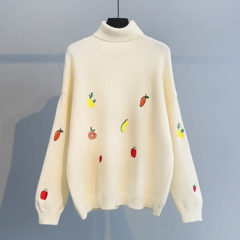 Neploe вышивка водолазка Pull Femme консервативный стиль Фрукты женские топы осень зима теплый свитер с длинным рукавом пуловер 55797 - Цвет: Creamy-white