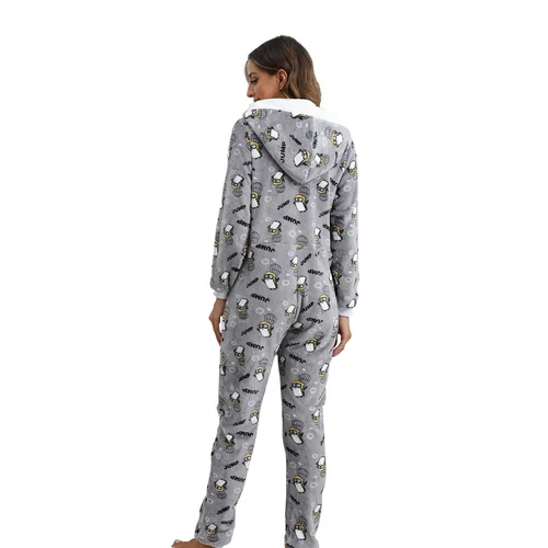 따뜻한 플란넬 잠옷 여성 크리스마스 동물 프린트 점프 슈트 성인 겨울 까마귀 v-넥 Onesies 여성 Loungewear 지퍼 잠옷 3