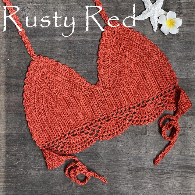 2021 New Bikini Top Handmade Crochet Women Boho Beach Bralette Solid Halter Knitted Swimsuit Brazilian Bikinis Bathing Suit Top Rusty Red