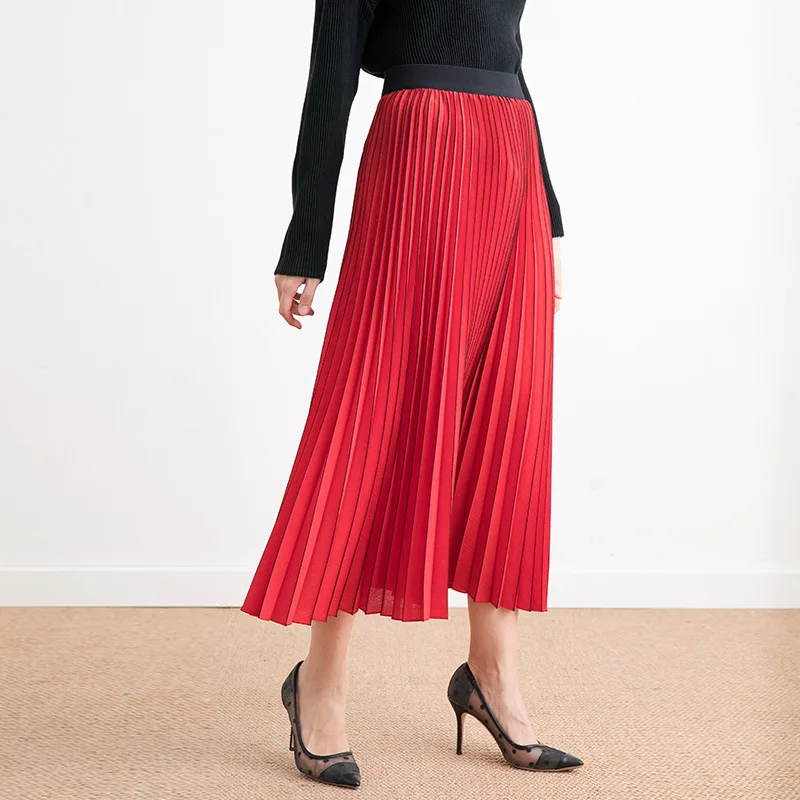 Pleated skirt women's long section spring and summer New Wild a-shaped stripe high waist temperament slim pleated skirt