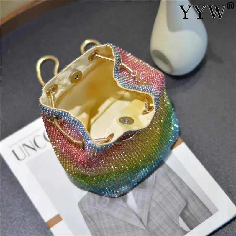 Fashion Women Bucket Shoulder Bag With Rhinestone Crossbody Bag Evening Bag Rainbow Ladies Party Purse Female Clutches Bolsos