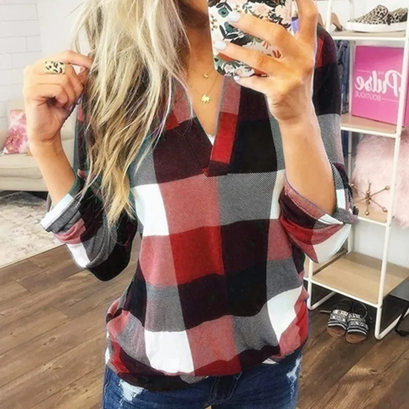 Women Casual Plaid Blouse Long Sleeve V Neck Sexy Shirt Womens Loose Fashion Jacket Shirt Top 2019 Autumn Winter Women Tops