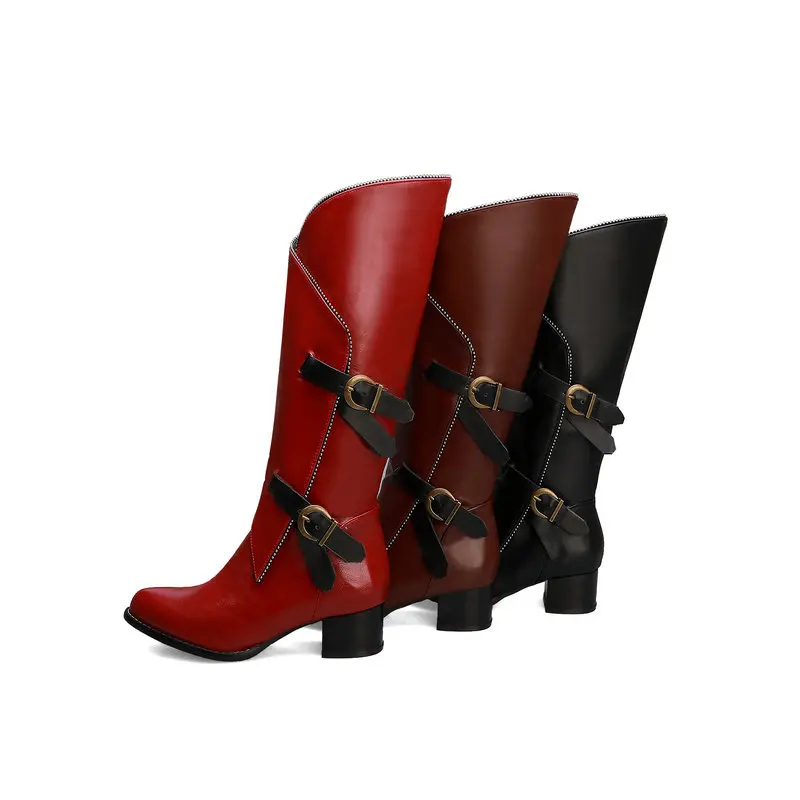 Черные, красные, коричневые мотоциклетные ботинки на не сужающемся книзу массивном каблуке с пряжкой женские модные сапоги до колена в стиле ретро с круглым носком женские повседневные сапоги зима