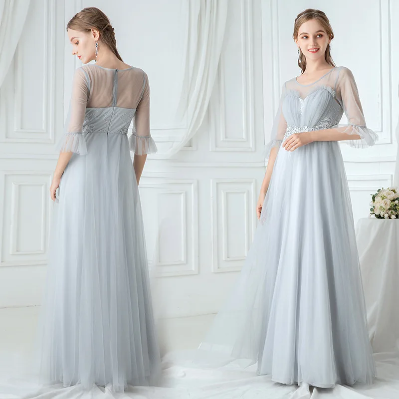 

Formal Evening Gowns Gray A-Line Women Party Dresses R195 O-Neck Half Sleeve Robe De Soiree Appliques Zipper Elegant Vestidos
