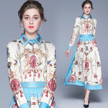 

Runway Maxi Dresses 2019 Women Quality white Vintage Animal Print Long Party Dress Vestidos Robe Femme long asleeve