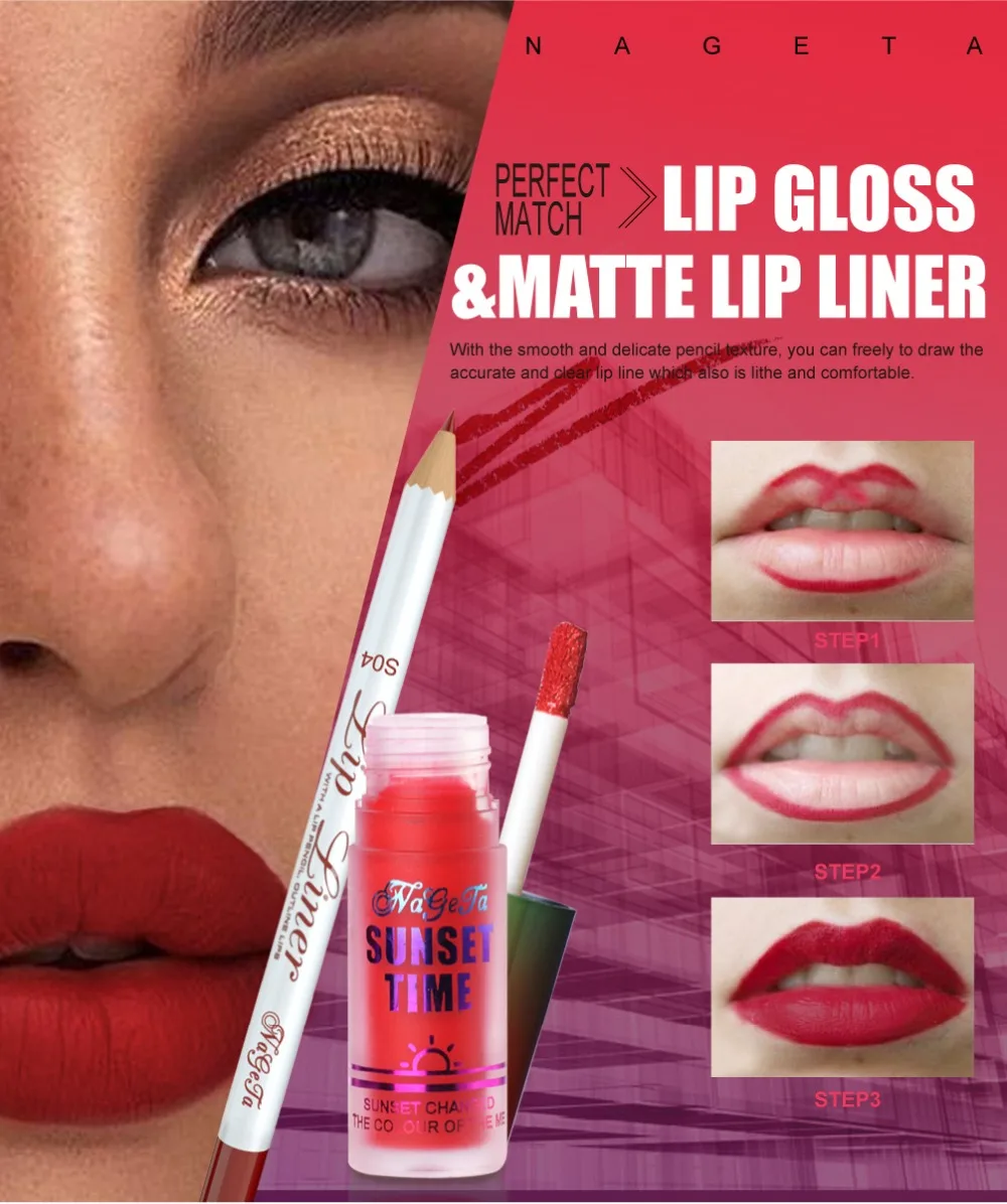 Sexy Matte Lipstick Liquid Sets Moisturizer Velvet Lipgloss Lip Liner Kits Waterproof Red Purple Lip Gloss Makeup 2pcs