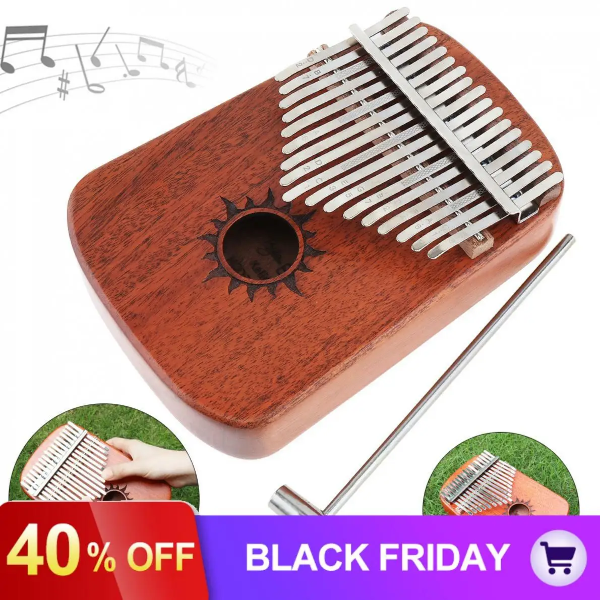 17 Key Thumb Piano Kalimba Whole Single Board Mahogany Sun Sound Hole Mbira with Tuning Hammer