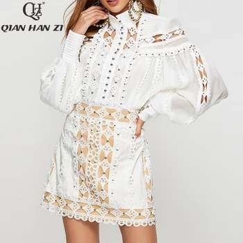 

Qian Han Zi Fashion Suit set Women's Lantern Sleeve Embroidered rivet Hollow out Tops and blouses+mini Elegant Skirt 2 Piece Set