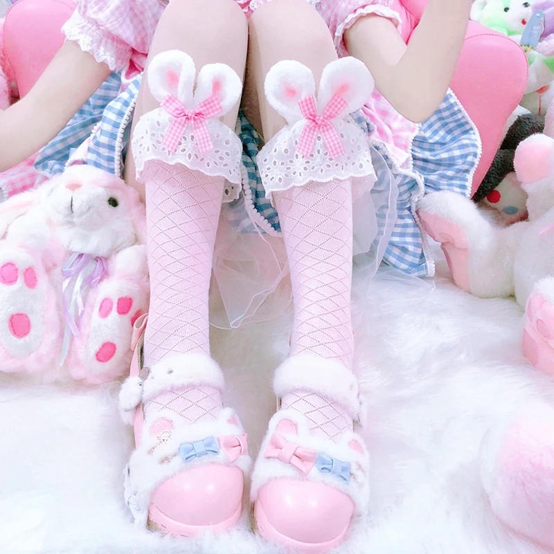 Cosplay&ware Pink Girls Kawaii Lolita Socks Cute Rabbit Ears Bowknot Japanese Gothic Lace Ruffles Stocking Cotton Cosplay -Zentai shop online Hdbf00a4b1b734fe1b17a1d72d755f254B.jpg