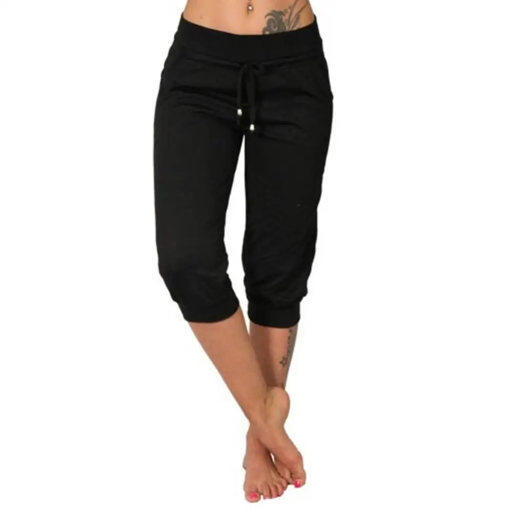 Plus Size Women Casual Capris Yoga Pants Solid Color Low Rise Drawstring Pockets Sports Fitness Gym Shorts Pants sports shorts sports leggings sports pants yoga pants