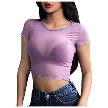 

Harajuku T Shirt Women Sheer Mesh See-through Short Sleeve Crop Tops Casual T Shirt Футболка Женская Топ Женский