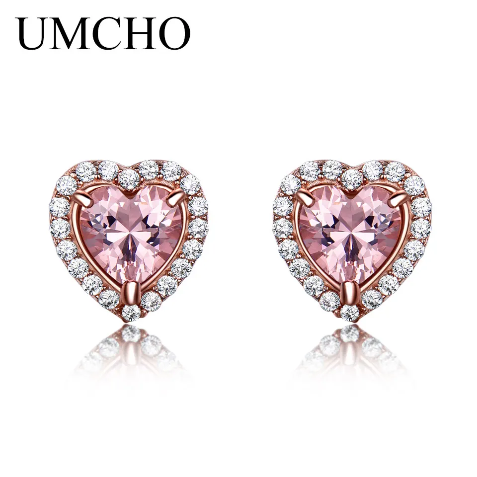 UMCHO Pink Gemstone Heart Stud Earrings for Women 925
