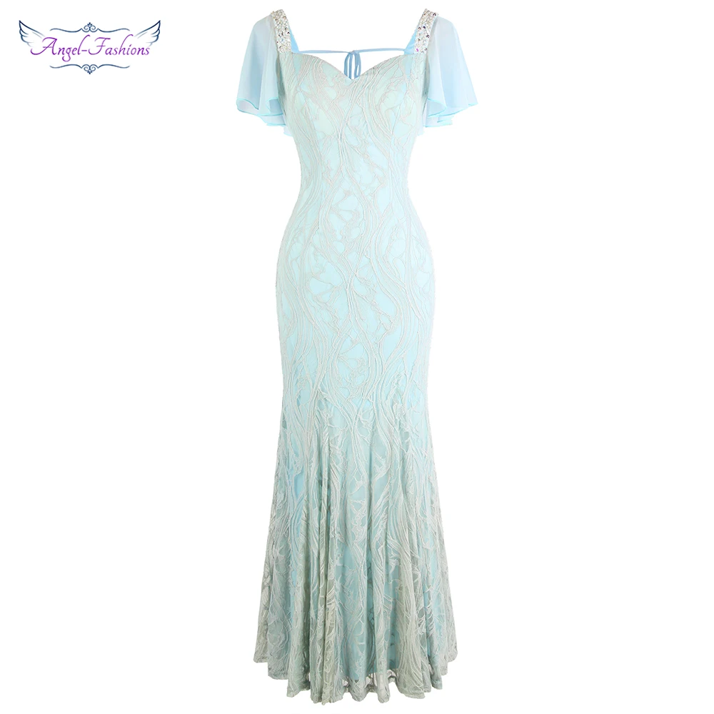 Женское шифоновое вечернее платье Angel fashions длинное кружевное серого синего
