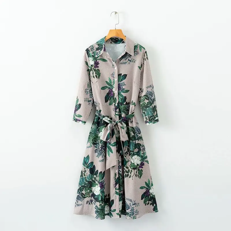 

2018 Spring And Summer Europe And America WOMEN'S Dress Flowers And Stripes Printed Long Sleeve Shirt Dress 1275