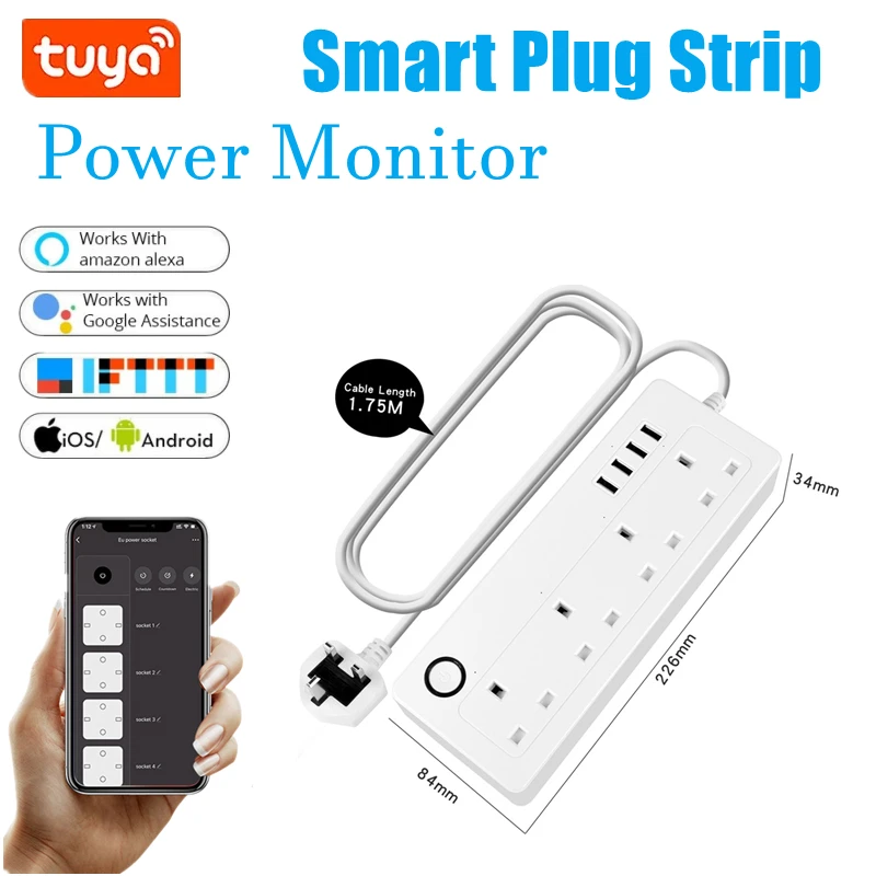 Универсальный Tuya Smart Мощность полосы 16A умная розетка Wi-Fi с 4 умные разъемы Порты USB