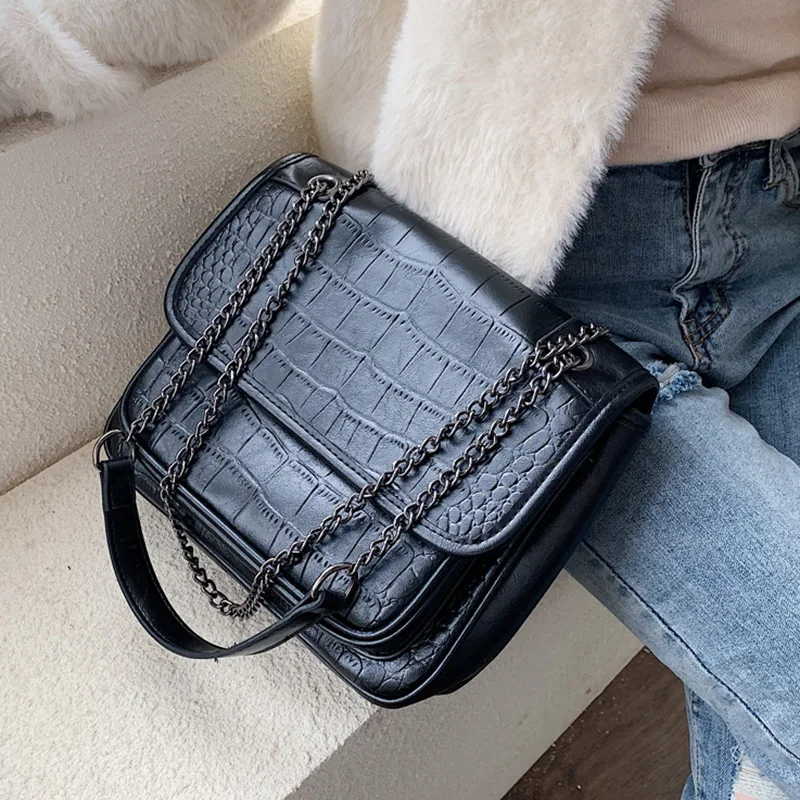 

Stone pattern PU Leather Crossbody Bags For Women 2019 Chain Shoulder Messenger Bag Female Solid Color Handbags Hand Bag