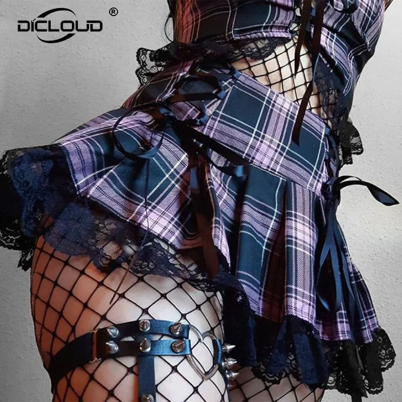 Pleated-Skirt Lace Pink Plaid Harajuku Y2k Girls Gothic Punk Splices Women Fashion Sweet