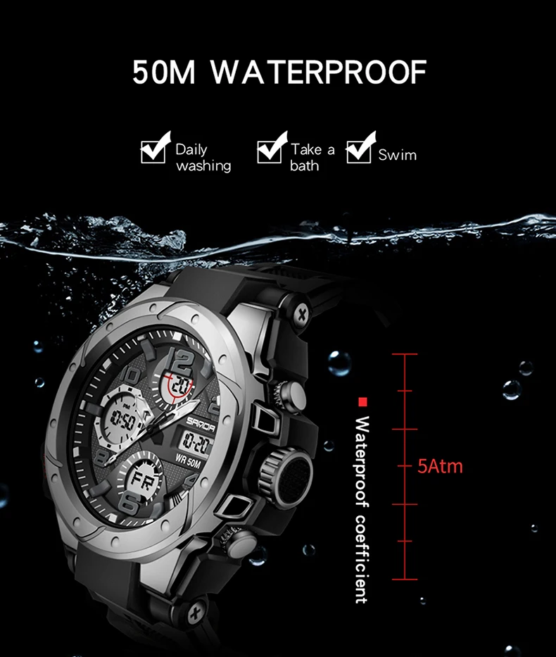 SANDA Top Sports Men's Watches Military Quartz Dual Display Watch Men Waterproof S Shock Timing Male Clock relogio masculino