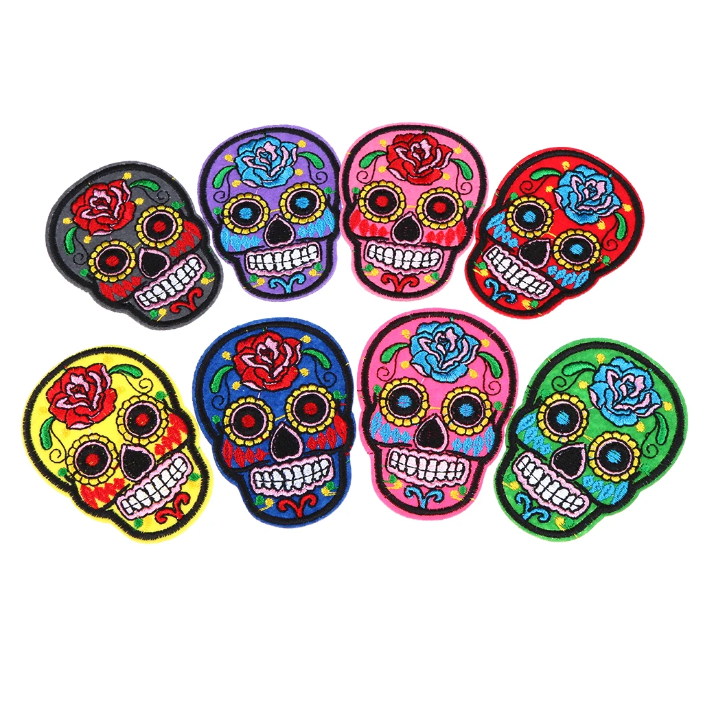 8Pcs Iron/Sew On SUGAR SKULL/DAY OF THE DEAD Motif Embroidery Patch Applique for Decorations, Clothing or DIY Crafts