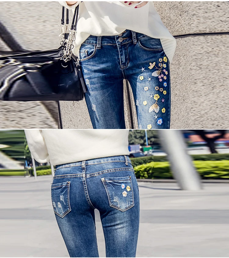 Осенние женские джинсы с цветочной вышивкой Pantalon Femme женские джинсы облегающие, брюки зимние джинсовые штаны джинсы-Карандаш Стретч WICCON