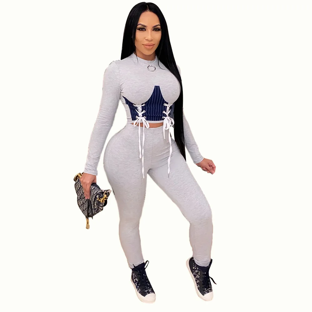 

Winter Women Two PIece Set Front Cross Bandage Crop + Long Pants Jogging Femme Winter Clothes For Women Outfit