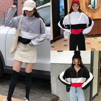 

Women's Hip Hop Hoodie Half Zip Thin Sweatshirt Long-Sleeved Loose Ladies Streetwear Pullover Autumn Clothes