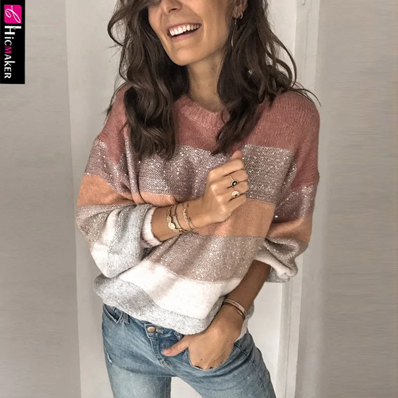 Женский вязаный пуловер в полоску с круглым вырезом размера плюс свободный