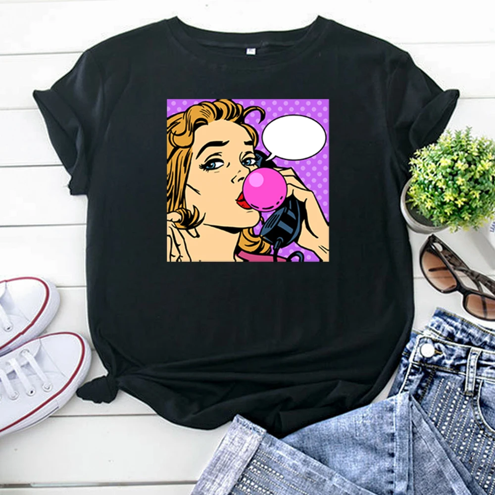 T Shirt Woman Bubblegum Girl Phone Pop Style Printing Clothing Funny Vintage Women Tee Shirts Casual Fashion Women'S Tshirts