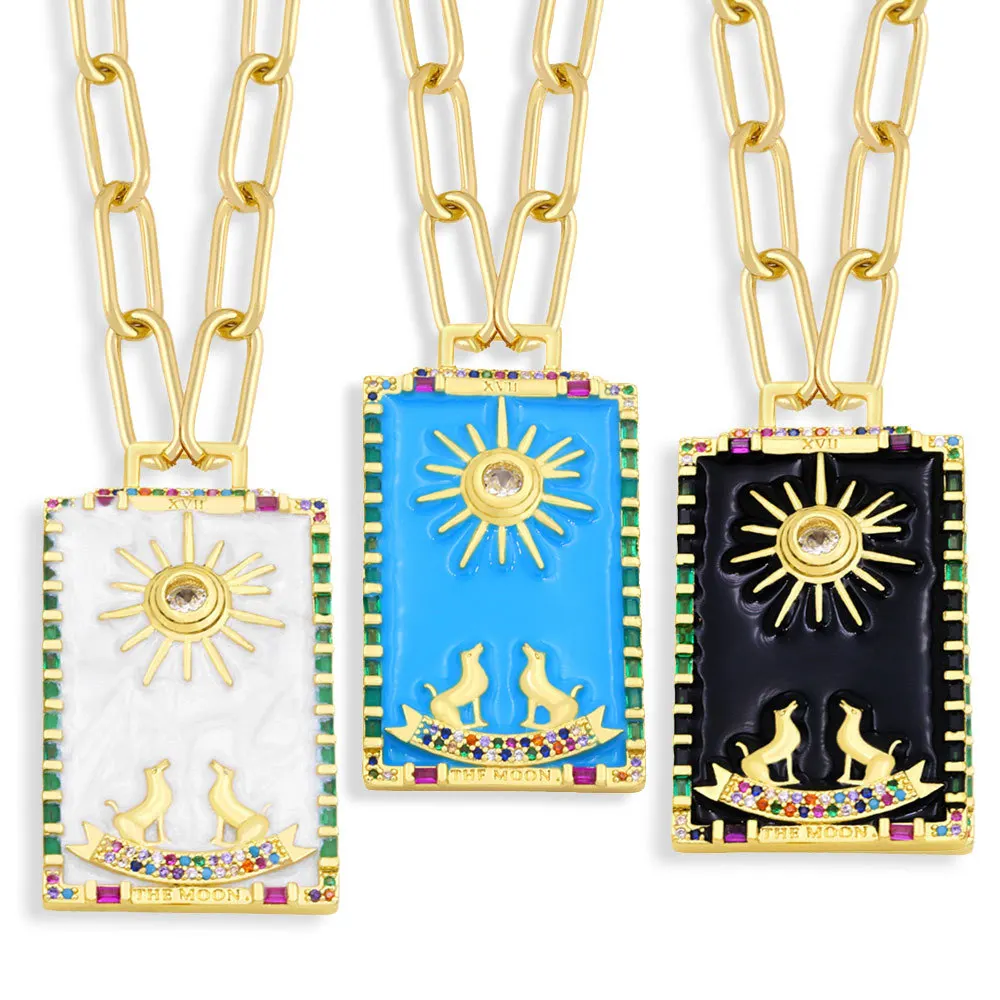 New Inlaid Colorful CZ Enamel Square Necklace Tarot For Women Engraved Egyptian Hound Pattern Pendant Retro Hip Hop Jewelry Gift | Украшения