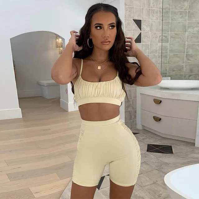2020 Female Women 2PCS Tracksuit Clothes Set Summer GYM Casual Solid Outfit Top Crop Vest High Waist Shorts Costume Clothing 2
