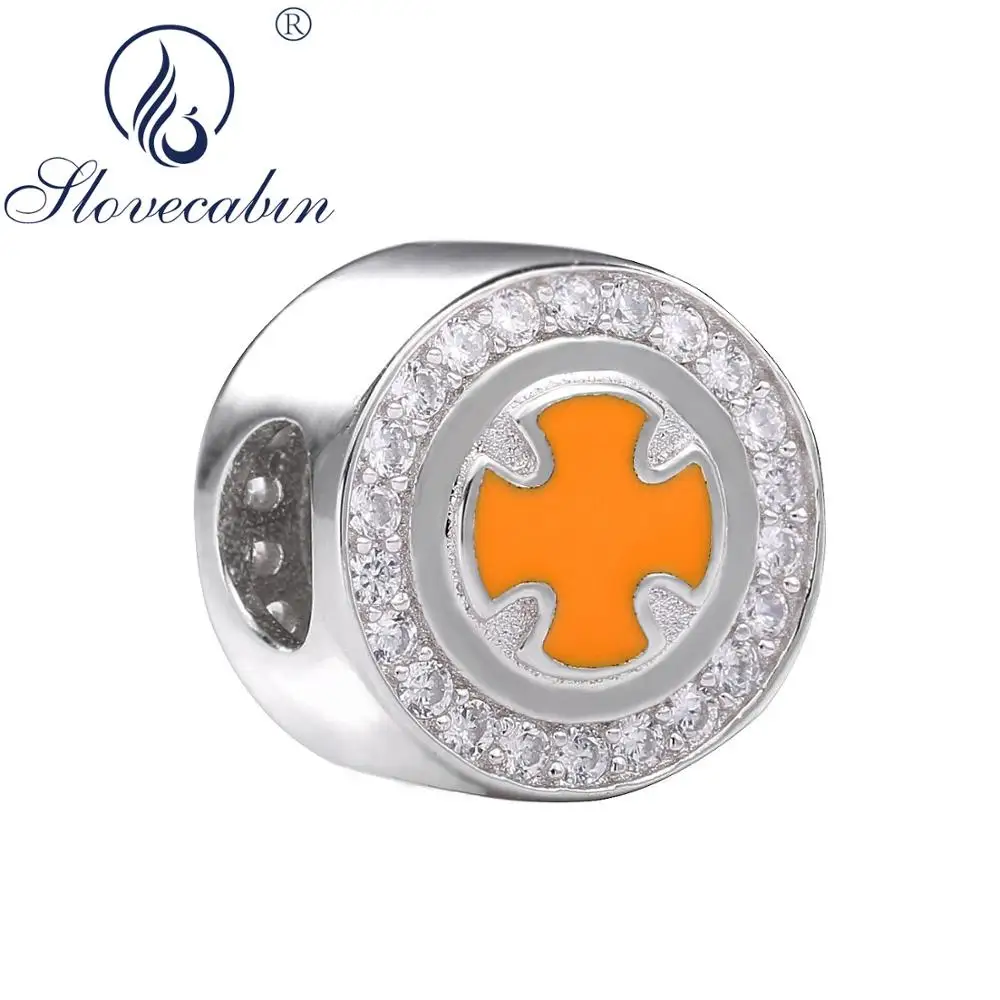 

Slovecabin 925 Sterling Silver Zircon Round Orange Cross Charms Beads Fit Original Bracelet Bangle Trendy Hot DIY Women Jewelry