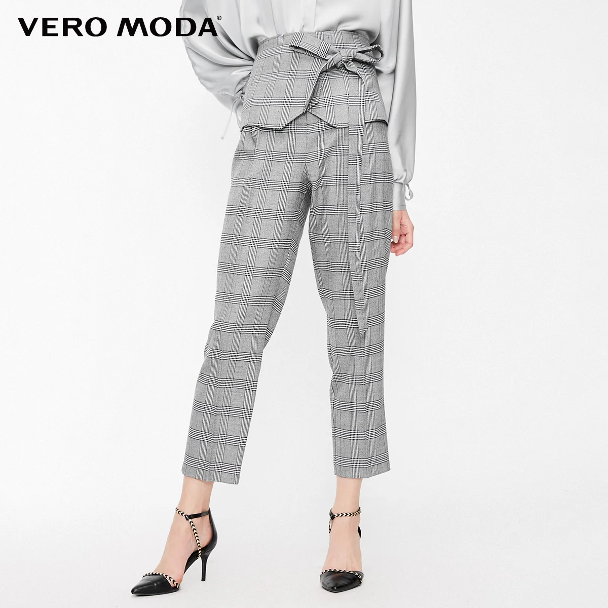 Vero Moda Новые поступления OL стиль женские на шнуровке с высокой талией клетчатые повседневные укороченные брюки | 318450510 - Цвет: Granit