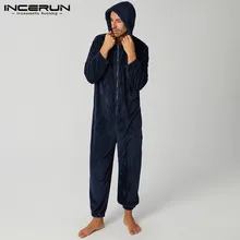 Winter Men Pajamas Jumpsuit Fleece Long Sleeve Warm Homewear Zipper Solid Leisure Soft Cozy Hooded Men Sleepwear Rompers INCERUN