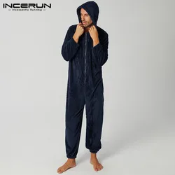 Winter Men Pajamas Jumpsuit Fleece Long Sleeve Warm Homewear Zipper Solid Leisure Soft Cozy Hooded Men Sleepwear Rompers INCERUN