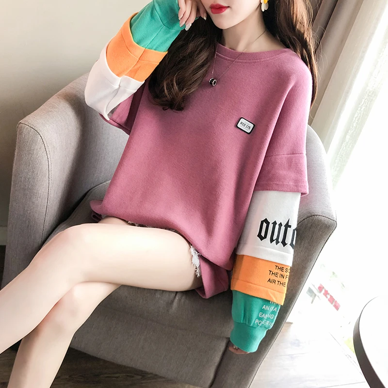  Milinsus Sweatshirts for Women Autumn Winter 2019 Letter Print Patchwork Oversize Hoodies Korean Fa
