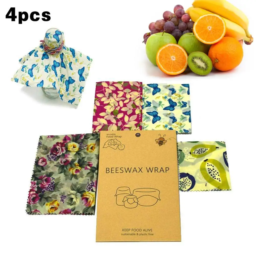 

4PCS Beeswax Wrap Reusable Food Preservative Cloth Bag Fresh Cloth For Kitchen Packing For Sandwich Snack Fruit Cheese