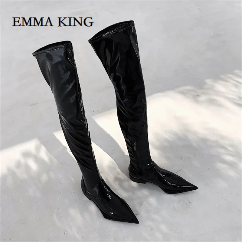Emma king/ботфорты из лакированной кожи; Botas Mujer; сапоги на Плоском Каблуке; пикантные модельные туфли с острым носком; женская обувь для вечеринок; большие размеры