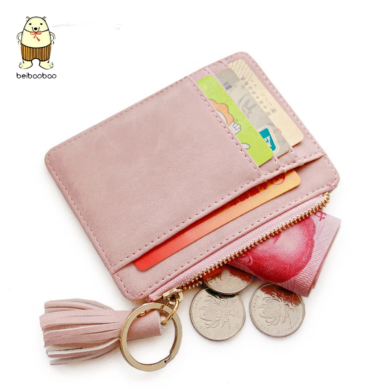 

Beibaobao Matt Leather Mini Tassel Women Card Holder Cute Credit ID Card Holders Zipper Wallet Case Change Coin Purse Keychain