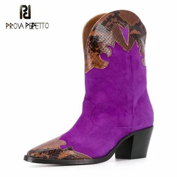 

Prova Perfetto Retro Women's Boots Microfiber Snake Print Stitching Mid-heel Pointed Toe Boots Winter New Short Bota Feminina