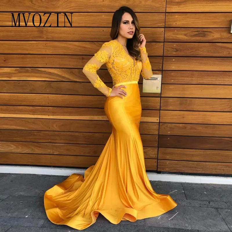 

Gold Mermaid Evening Dresses Open Back V Neck Full Sleeve Appliques Satin Formal Gown Sweep Train Evening Wears